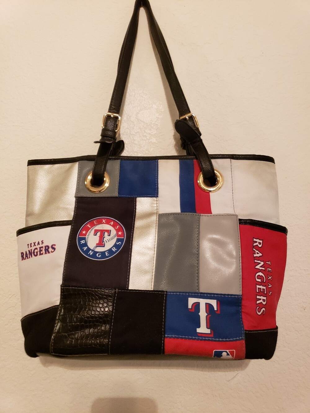 Texas Rangers MLB Patchwork Tote Purse Logo Adjustable Straps Red/blue/white